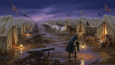 A vast rainy army camp at night, stacked cannon, mules and camels in the mud, a man in a waterproof among the artillery.