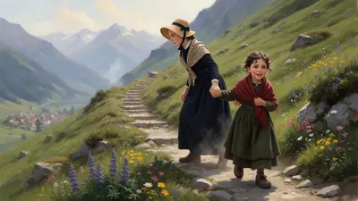 A woman in a plain dress pulls a small curly-haired girl in heavy woolen clothes and nailed boots up a steep grassy Alpine path, with a village far below and blue peaks beyond.