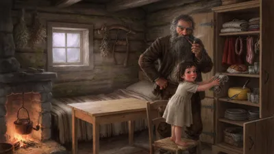 Inside a dim one-room mountain hut, a small girl in a linen shift stretches to push a bundle deep into a wall cupboard while a tall bearded old man with a pipe watches from behind.
