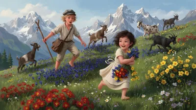 A barefoot girl gathers red, blue, and gold wildflowers into her apron on a flowery Alpine slope while a boy with a staff tries to gather goats running in all directions.
