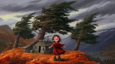 A girl in a woolen dress and heavy boots stands beneath three huge fir trees bending in a strong autumn wind, arms spread wide, a mountain hut behind her under racing grey clouds.
