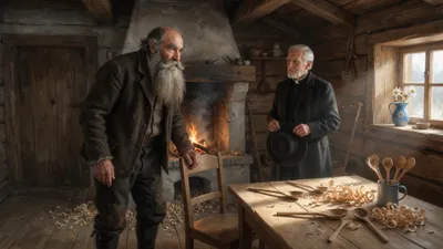 In a rough one-room hut scattered with wood shavings, a tall bearded old man stands facing an elderly pastor dressed in black who holds his hat, both men standing their ground.