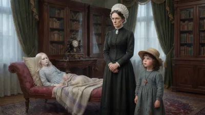 In a grand dark library, a tall stern woman in a towering lace cap looks down at a small girl in a plain frock and old straw hat, while a pale fair-haired girl watches from a wheeled couch.