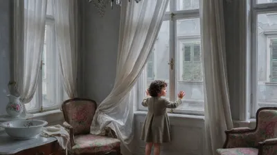 A small girl in a plain frock stands on tiptoe pressed against a tall window from beneath a heavy curtain, seeing only the blank grey wall of the house opposite.