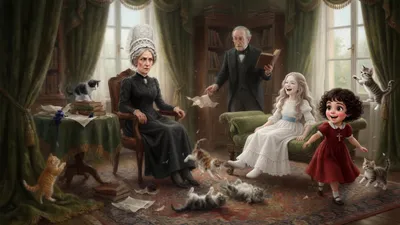 Five kittens scatter across a grand study as a stern woman in a tall cap shrinks into her chair, a tutor stands helpless, a girl laughs on a wheeled couch and a small girl chases a kitten.