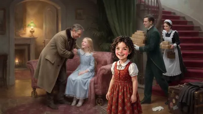 Servants carry parcels up a grand staircase while a well-dressed gentleman embraces a pale fair-haired girl on a wheeled couch, a small dark-curled girl watching from a corner.