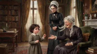A white-haired elderly lady in a lace cap laughs in an armchair as a small solemn girl greets her, while a stern woman in a towering cap enters behind them.