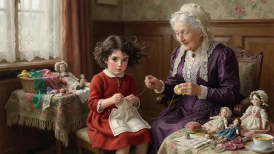 An elderly white-haired lady guides a small girl's hands as she sews a doll's apron among fine dolls and cloth scraps, the child working carefully but with dull, unsmiling eyes.
