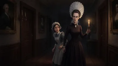 A stern woman in a tall lace cap holds a candle aloft and grips a frightened maid's sleeve in a long dark corridor, both looking back over their shoulders into shadow.