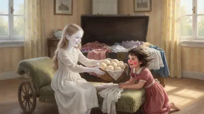 A pale fair-haired girl on a wheeled couch holds out a basket of twelve white bread rolls while a small dark-curled girl kneels beside a heaped open travelling trunk, peering in with joy.