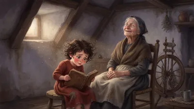 An old blind woman sits with folded hands and tears of joy beside her pushed-aside spinning wheel while a small girl on a low stool reads aloud from a worn songbook on her knees.