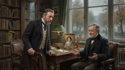 In a rainy autumn consulting room a stricken gentleman grips a chair back as a grey-haired doctor shrugs slightly with open hands, a small framed portrait of a young girl on the desk behind him.
