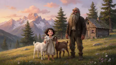 At sunrise a tall bearded old man stands outside a mountain hut studying the sky while a small barefoot girl hugs a white goat and a brown goat, three fir trees behind them.