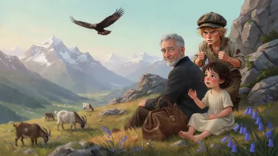 A grey-haired doctor and a barefoot girl sit talking on the grass of a sunlit Alpine pasture among grazing goats, while a boy behind a rock clenches his fists at the man's back unseen.