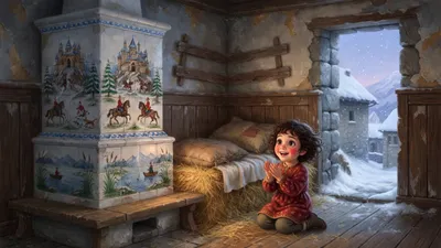 In a grand half-ruined room a huge white tiled stove painted with blue castles and huntsmen stands in the corner, and behind it a small girl kneels clapping at a hay bed built between four planks.
