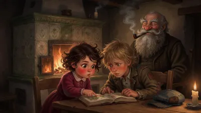 By firelight two children bend over a small book at a table, the girl pointing firmly at the page and the boy hunched in concentration, while a bearded old man with a pipe stifles laughter in the shadows.