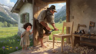 In a sunlit work-shed doorway a bearded old man shapes a wooden chair with a drawknife while a barefoot girl leans in the doorway counting a finished chair with a doubtful look.