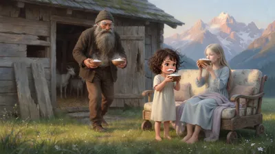 A bearded old man carries two bowls of foaming white milk from a goat shed toward a pale girl in a wheeled couch in the sunshine and a barefoot girl already drinking hers, loose boards leaning against the shed.