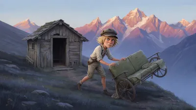A boy in a flat cap braces both hands against the back of a wheeled invalid couch and shoves it toward a mountain slope, glancing over his shoulder at an empty hut doorway.