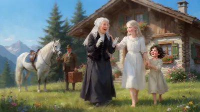 An elderly white-haired lady throws up both hands in astonishment beside a white horse as a pale girl in a white dress walks steadily toward her, one hand on the shoulder of a small barefoot girl.