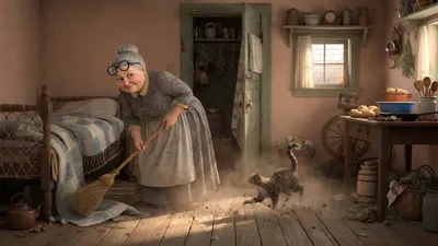 An elderly woman in a calico dress and apron sweeps a broom under a bed while a cat runs out; a closet door stands slightly open behind her.