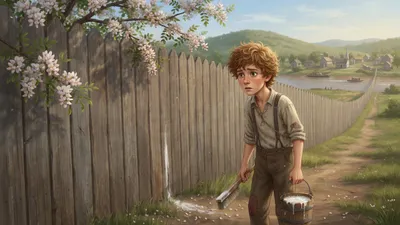 A barefoot boy in patched clothes stands with a paint bucket and long brush before a very long tall board fence with one small white streak on it.