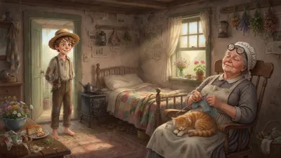 A boy stands in a doorway with his hands behind his back while an older woman dozes over her knitting with a cat in her lap.
