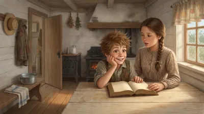 A boy slouches over an open book at a kitchen table while an older girl holds the page and prompts him.