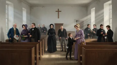 Villagers in 1840s Sunday clothes file into a plain church between rows of high-backed wooden pews.