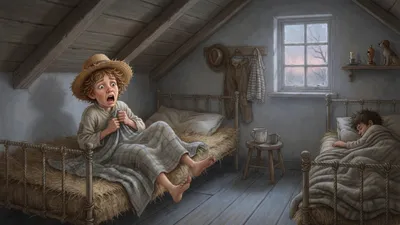 A boy in bed holds up one bare foot and groans dramatically while another boy sleeps in the next bed.