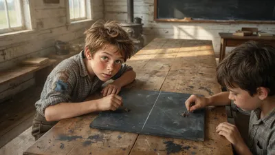 Two boys lean over a slate with a line drawn down it, each steering a tiny insect with a pin, while a tall shadow falls over them.