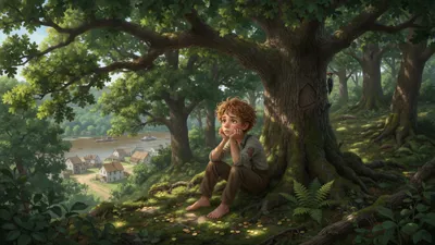 A barefoot boy sits alone on moss under a large oak in a dense sunlit-and-shadowed wood, chin resting on his hands.
