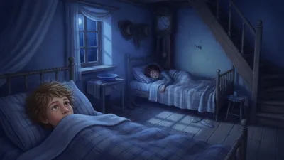 A boy lies wide awake and rigid in bed at night in a moonlit room while another boy sleeps nearby.