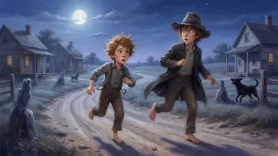 Two boys sprint down a moonlit country road past cottages, looking back over their shoulders.