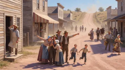 Townspeople gather and hurry along a dusty street, talking urgently and all heading the same way.