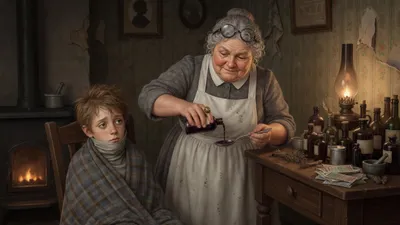 An older woman carefully measures medicine into a spoon while a pale boy sits wrapped in a blanket nearby, surrounded by bottles and pamphlets.