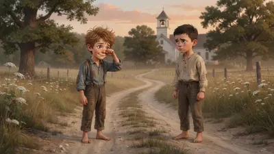 Two boys meet in a country lane, one wiping his eyes with his sleeve, both looking determined and sorrowful.