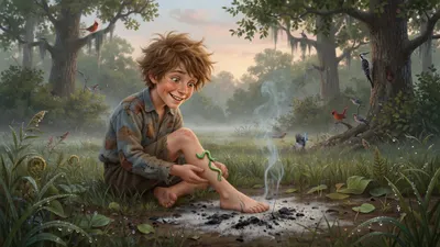 A boy sits very still at dawn beside a dead campfire watching a small green worm crawl along his leg, dew on the grass.