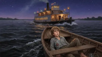 A soaking wet boy lies hidden under the seats of a small boat towed behind a lit ferryboat on a dark river at night.