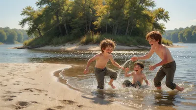 Three boys splash and laugh in shallow river water beside a white sandbar on a bright summer morning.