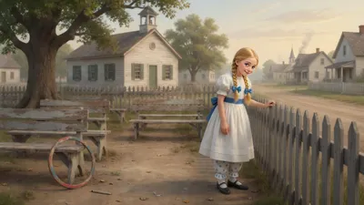 A girl in a white frock stands alone by a fence in an empty schoolyard, looking at the ground.