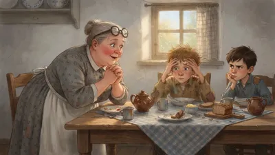 An older woman leans forward in wonder at a breakfast table while a boy presses his fingers to his forehead and another boy watches suspiciously.