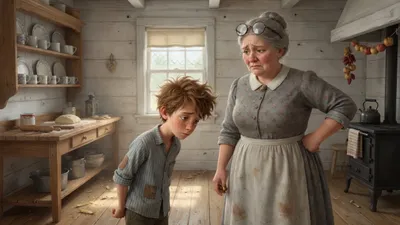 An older woman stands with a hurt expression while a boy hangs his head in a plain kitchen.