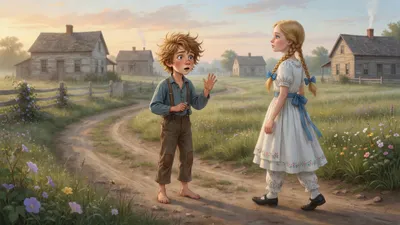 A boy stands with his hand half raised in apology while a girl walks past him with her face turned away on a country lane.
