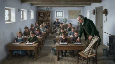 A stern schoolmaster stands over rows of tense young pupils in a one-room schoolhouse, a bundle of switches beside his chair.
