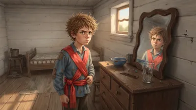 A boy in a bright red ceremonial sash practises a solemn expression before a small mirror in a plain bedroom.