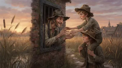 A gaunt bearded man reaches through a small barred jail window toward two boys, one standing on the other's shoulders.