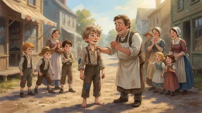 A boy is congratulated by smiling adults on a sunny village street while other children watch enviously.