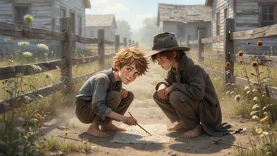 Two boys crouch behind a fence in the sun while one draws a plan in the dust with a stick.