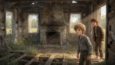 Two boys step warily into a ruined room with a stone fireplace, bare walls and cobwebs, a pick and shovel leaning in a corner.